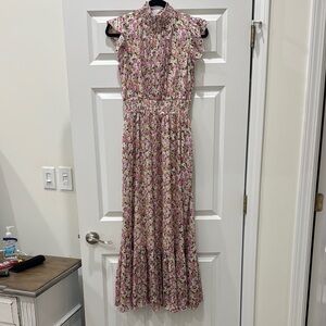 NWT Melloday Floral Pink Maxi Dress with silver lurex thread